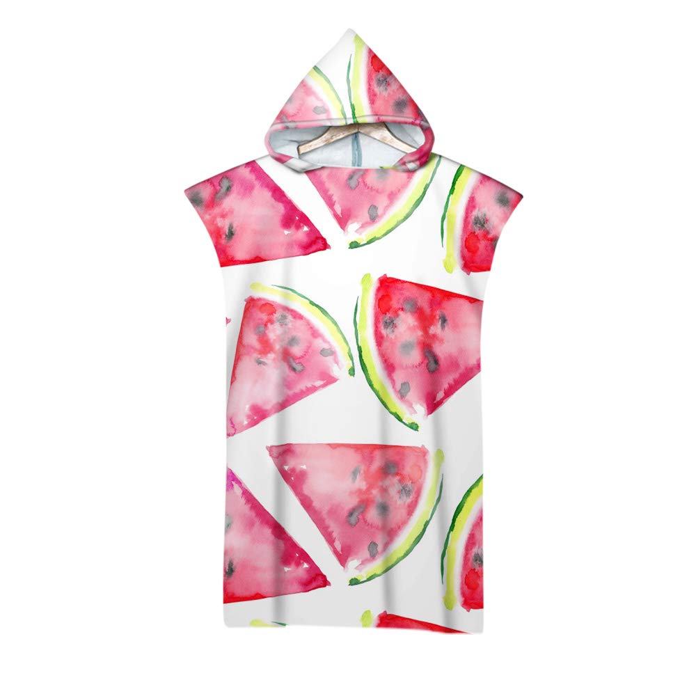 DOTBUY Serviette De Plage Adulte Poncho, Microfibre Surf Serviette De Bain à Capuche,avec Imprimé De Pastèque Créative 3D, Été Plage Natation Peignoir Serviette (75x110cm,D