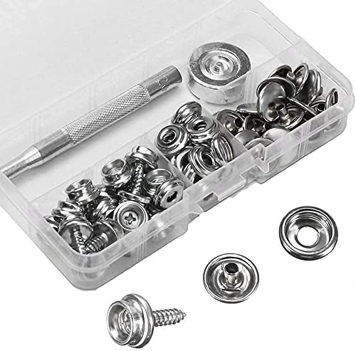 kajkey Lot de 62 ensembles de boutons-pression en toile, boutons métalliques, vis de bâche, vis à bouton-pression en acier inoxydable avec 2 outils de...