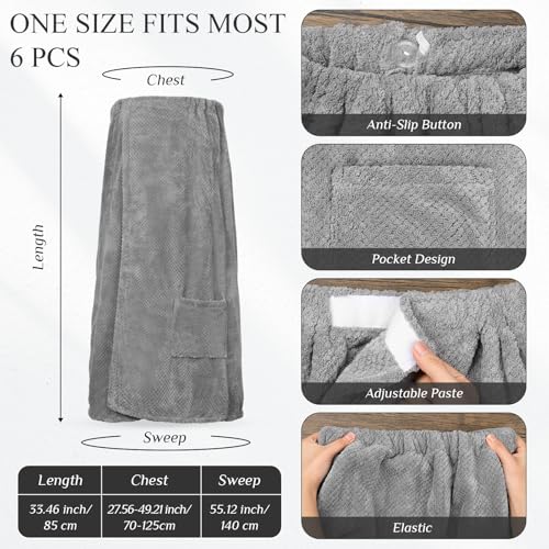 Tigeen 6 Pcs Bath Wraps for Women Waffle Spa Robe Adjustable Closure Elastic Top Lightweight Towel Dress (Gray)2