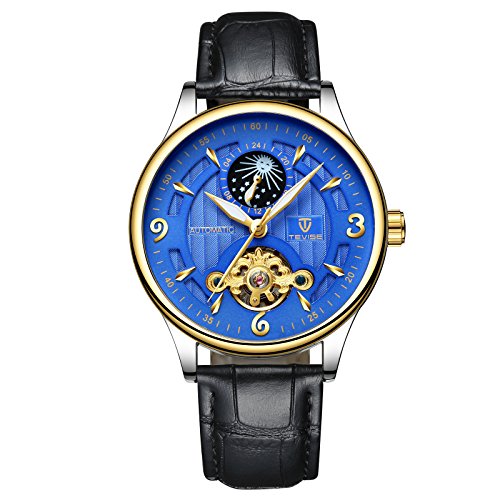 Swiss Hollow Tourbillon Fully Automatic Mechanical Watch Moon Phase Men's Waterproof Watch (Gold-Blue)