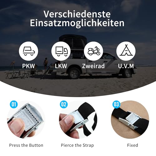 10 Stück Spanngurte, Zurrgurte 25mmx4m, Zurrgurt mit Klemmverschluss, Spanngurt Fahrrad, Spanngurt Schwarz Geeignet für Fahrräder, Motorräder, Gepäck, Load Capacity up to 250 kg, Gemäß DIN EN 12195-2