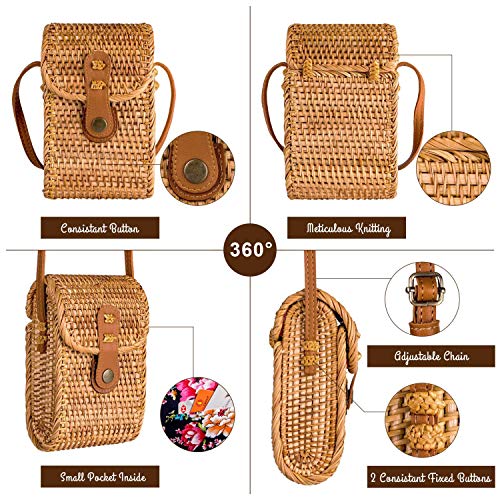 Natural NEO Phone Straw Bag Crossbody Wallet Small Boho Purse Rattan Hand Woven For Women Shoulder Crossbody Necessities Bags Wicker Purses In Summer Beach Vacation With Flower Patterns Bonhomia - Image 5