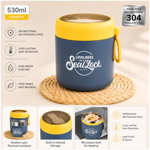 Image of Insulated Stainless Steel 1060ml Lunch Box with 350ml Tumbler | Leakproof Hot Cold Food Container | BPA-Free Cute Tiffin Box for Kids, School, Office, Travel, Picnic (Blue + Yellow)