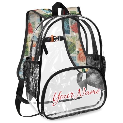 Personalized Large Clear Backpack Stadium Approved Heavy Duty PVC Plastic Custom Transparent Backpacks See Through Bag with Name, Tropical Beach Theme2
