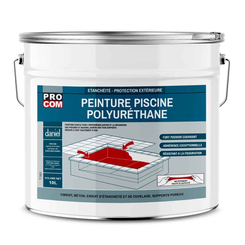 PRO COM Peinture piscine béton, peinture polyuréthane pour piscine et bassin, étanche et souple, béton, enduit, ciment 10 litres