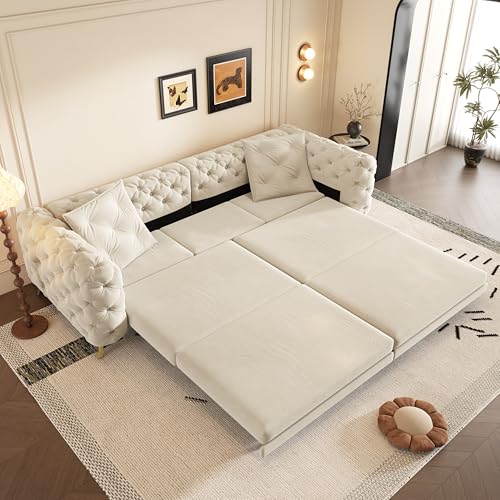 Image of KEIKI 97.7 inch Convertible Sleeper Sofa Bed, 3 in 1 Pull Out Sofa Bed, Button Tufted Modern Sofa, 4-Seater Couch with Movable Ottoman for Living Room, Bedroom, Apartment, Beige