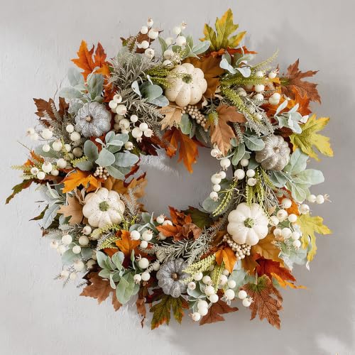 Fall Wreath for Front Door 40cm Artificial Harvest Festival Wreath Autumn Wreaths with Maple Leaf Pumpkins and Berries White Artificial Pumpkins Wreaths for Harvest Thanksgiving Decor Decorations