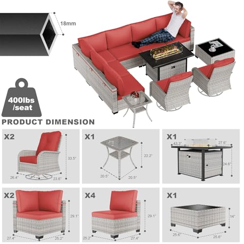 Image of 11-Piece Patio Furniture Set, Outdoor Patio Furniture with 55,000 BTU Fire Pit Table, Swivel Chairs Set, Thick Cushions, Modular Patio Sofa, Dual-Strand Wicker Rattan, Rust-Resistant Frame, Red