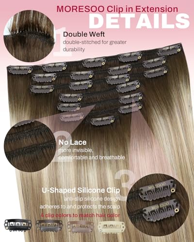 Image of Moresoo Balayage Clip in Hair Extensions Medium Brown to Light Brown with Medium Blonde Ombre Clip in Human Hair Extensions Remy Human Hair Long Full Head 120g /7pcs 20in