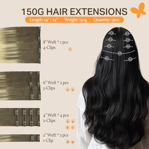 Image of DOORES Clip in Hair Extensions, Ash Brown to Platinum Blonde 135g 7pcs 16 Inch, Remy Silky Hair Extensions Clip in Human Hair Natural Straight Weft Gift