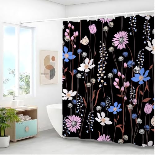Rideaux douche fleurs sauvages avec oeillets et 12 crochets noirs
