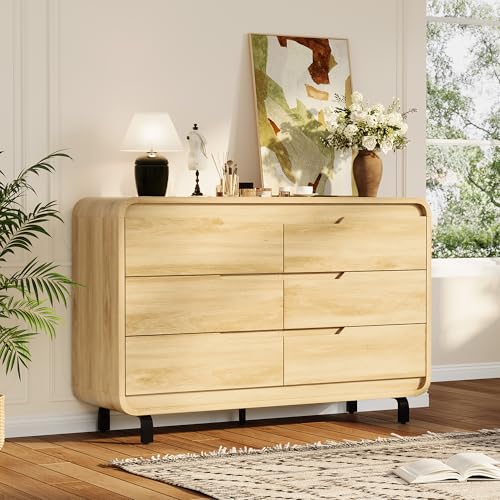 Garvee 6 Drawers Dresser for Bedroom, 47" Wide Modern Wooden Clothes Dresser with Large Wood Storage, Chest of Drawers for Living Room, Hallway, Natural Natural 15.8"D x 47.2"W x 32.7"H (6 D