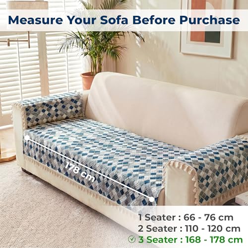 Image of Story@Home Quilted Anti Slip Sofa Cover Mat with 2 Armrest Cover, 3 Seater Velvet Sofa Protector with Tassels | Sofa Cover Mat for 1 /2 /3 Seater & L-Shape Sofa - 76 x 178 Cm - Grey & Cyan