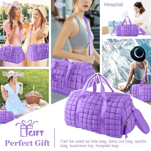 Image of Quilted Travel Duffle Bag Gym Bag for Women,Large Puffer Duffle Weekender Bag with Compartment,Workout Overnight Carry on Organizer Bag Duffle Bag for Airplane Travel(L-Purple)