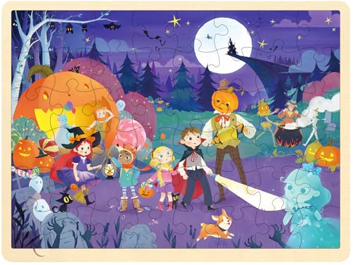 Halloween Puzzles 48 piezas para niños de 3 a 5 años por MoinKidz, rompecabezas de madera con escena de Halloween encantada miniatura 1