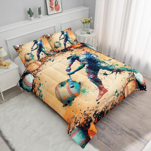 Image of Kids Comforter Set Doodle Baseball Printed Pattern Bedding Set with 1 Comforter and 2 Pillowcases for Girls Boys Bedroom All Season(Doodle Baseball Queen)