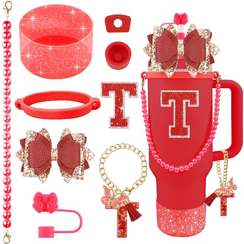 Hpebl 9PCS Red for Stanley Cup Accessories Set Bling Initials Bow Charms for Stanley Decorations 30/40 Oz Tumbler Accessories Including Bow Straw Topper, Handle Strap, Spill Stopper（Letter T） - image 1
