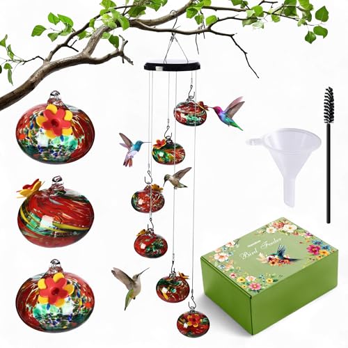 Humahua Hummingbird Feeder, Wind Chime Hummingbird Feeders Glass with 6 Balls for Garden Decor and Outdoor Decor, Hanging Bird Feeder, Windchimes Outdoors, Humming Bird Feeders, Never Leak