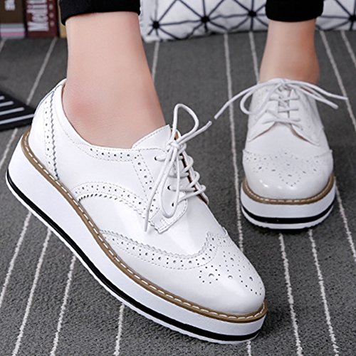 YING LAN Women's Platform Lace-Up Wingtips Square Toe Oxfords Shoe White