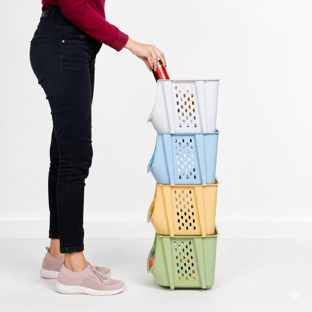 MASHUR FAB® Modular Stackable Storage Basket Set | Open-Front Ventilated Plastic Bins for Kitchen Pantry, Kids Toys, Bathroom Essentials, Groceries & Wardrobe Items