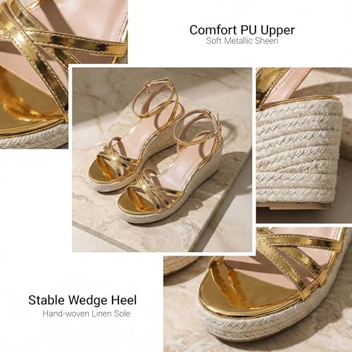 Image of Dressy Open Toe Sandals Platform Wedge Sandals with Cushioned Insole and Ankle Strap Buckle,Strappy Espadrille Wedge Sandals for Women Comfortable Summer