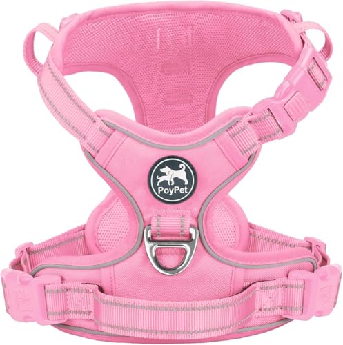 PoyPet Imbracatura per cani non pull, pettorina riflettente per cani senza choke, regolabile, morbido e imbottito, con manico Easy Control per cani di piccola e grande taglia (rosa, M)