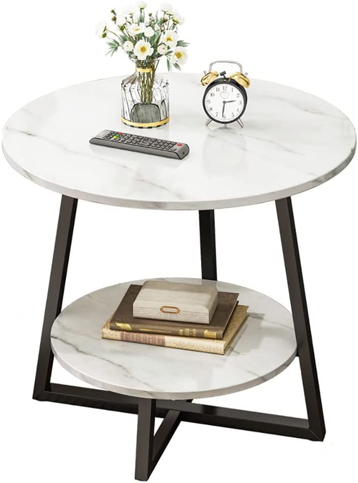 Image of Al Hama Coffee Table 2 Tier Round Tea Marble Pattern Table Modern Side Tables Sofa Table with Metal Frame Light End Tables for Living Room-White-Black