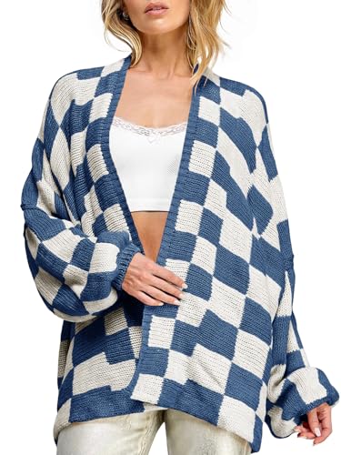 Saodimallsu Womens Checkered Oversized Cardigan Sweaters Color Block Chunky Open Front Lantern Sleeve Plaid Knit Coats