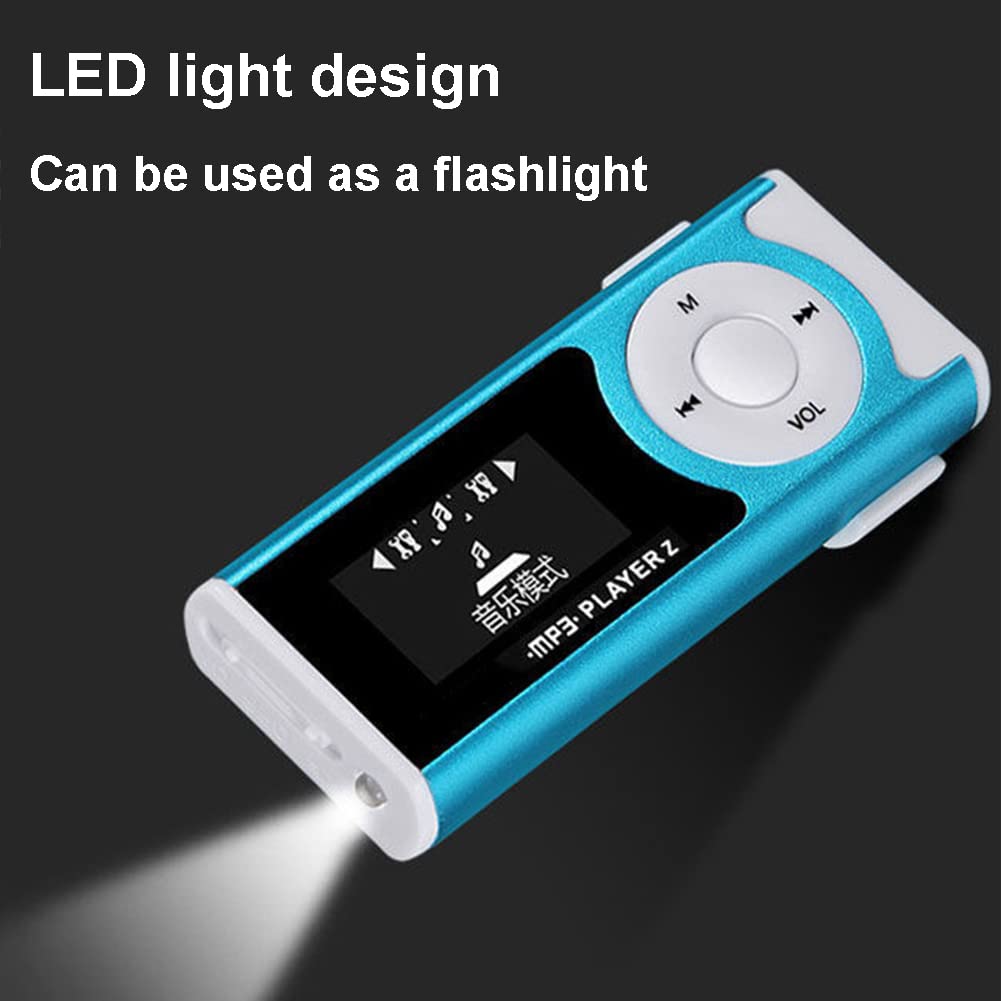 Reproductor de MP3 Deportivo portátil, Mini Linterna con Clip Trasero Walkman para Estudiantes, con Auriculares y Tarjeta de Memoria,Blanco,8GB