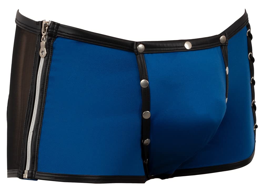 Orion Pantaloni da uomo – Boxer erotici da uomo, con tasca per pene rimovibile, lacci a croce laterale, bottoni a pressione, blu/nero
