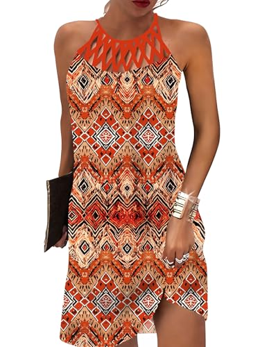 Image of LOVESHOOT Summer Dresses for Women 2026 Casual Floral Hollow Out Halter Neck A-line Sundress for Beach Vacation with Pockets