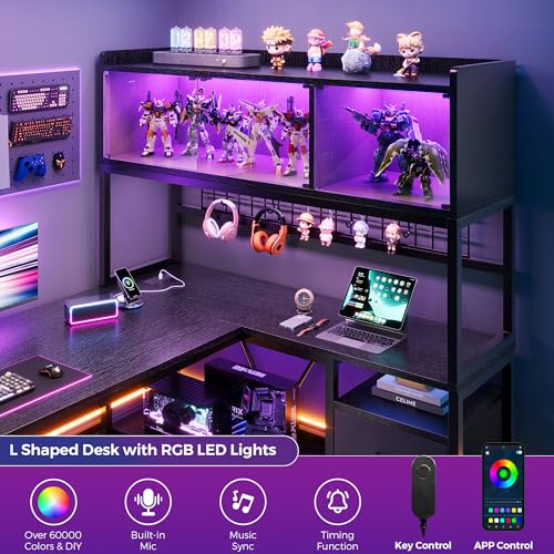 Image of L Shaped Gaming Desk with Fabric Drawers and Power Outlet, Corner Computer Desk with LED-Lit Tempered Glass Display Cabinet, L Shaped Office Desk with Storage,PC Desk for Gaming and Home Office, Black