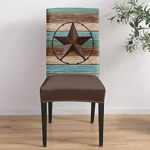 6Pcs Dining Chair Covers Stretch Spandex Slipcovers Farm Rustic Western Star Removable Washable Dining Room Seat Cover Cushion Protector For Home Hotel Banquet Decor Retro Brown Teal Wooden Board #TOP3