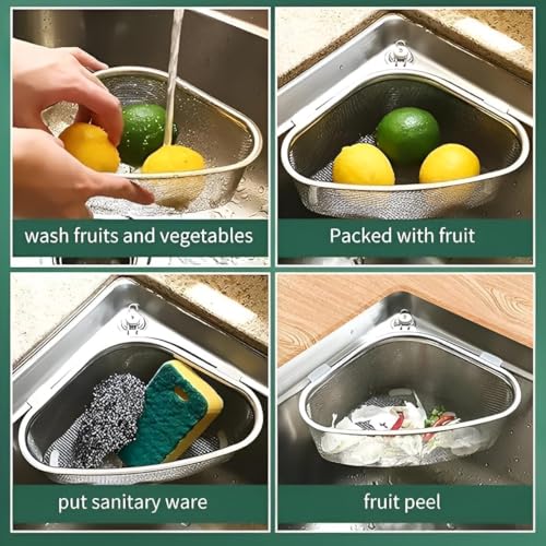 Image of Sink Corner Strainer - Triangle Drainer Basket & Shelf Organizer for Kitchen | Multi-Use Fruit, Vegetable, Soap, Sponge Holder | Rust-Resistant Sink Shelf Corner Rack (Sink Corner + Jali)