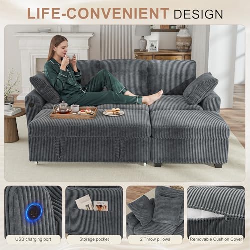 Image of Hanherry 81 inch Sectional Couch with Pull Out Sofa Bed,Corduroy Sleeper Sofa with Storage Ottoman & USB Charging,Comfy L Shaped Modular Couches for Living Room,Apartment