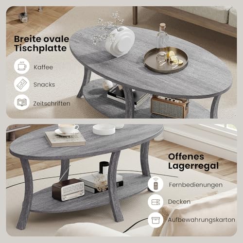 COSTWAY Couchtisch, ovaler Wohnzimmertisch mit Ablage, 2-stöckiger Beistelltisch, Sofatisch, Kaffeetisch für Wohnzimmer, Büro, Empfangsbereich, 111 x 60,5 x 47 cm (Grau) – Bild 5