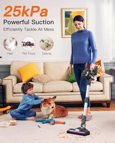 Cordless Vacuum Cleaner, 25kPa Powerful Vacuum Cleaners for Home, Stick Vacuum Rechargeable with 2200mAh Detachable Battery, Up to 45 Mins, Portable Handheld Vacuum for Hardwood Carpet Pet Hair
