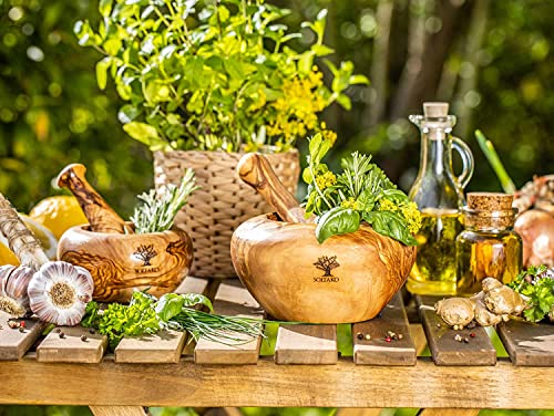 Soltako Handmade Mortar And Pestle Set, Olive Wood, Rustic Grinding Bowl, Manual Garlic Crusher, Sturdy & Durable, Perfect For Spice, Pepper, Seeds, Sauces, Kitchen Gifts For Women (Ø 6.3″) #TOP4