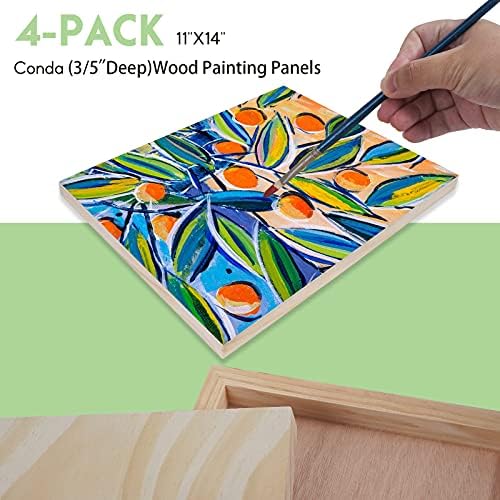CONDA Wood Canvas Boards 4 Pack 11 x 14" Wood Board for Artists - 3/4" deep Cradle Profile  Suitable for Painting, Wood Burning and Pouring with Oil Color or Acrylic Color