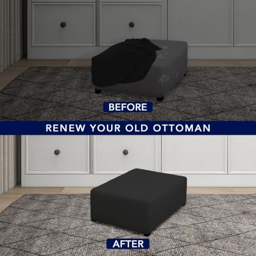 Image of PureFit Super Stretch Form Fit Ottoman Cover Rectangle - Ottoman Slipcovers for Foot Stool Cover & Folding Storage Slipcover for Living Room with Nonslip Elastic Bottom (Medium-L, Black)