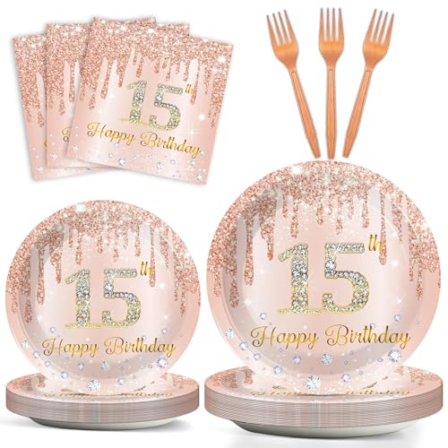 96Pcs 15th Birthday Party Plates and Napkins for 15 Year Old Birthday Party Supplies Rose Gold Paper Dessert Plates 15th Birthday Tableware Set for Girls Women 24 Guests Party Decorations
