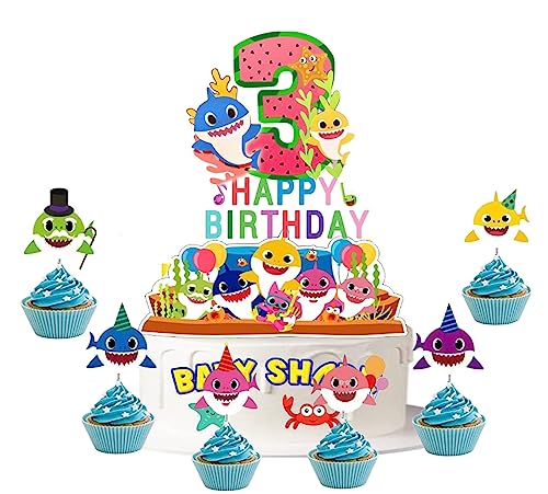 Shark 3rd Birthday Cake Topper - Blue Silver Glitter Ocean Theme Party Decoration