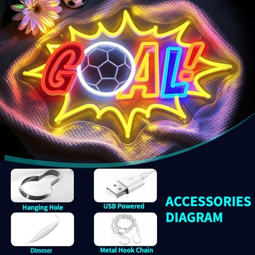 Image of Soccer Neon Sign, JGHTURIE Goal Dimmable Neon Signs for Wall Decor, Football Led Light up Led Sign for Boys, Fans Sports Themed, Game Room, Bar, Party & Man Cave Decor - USB Powered