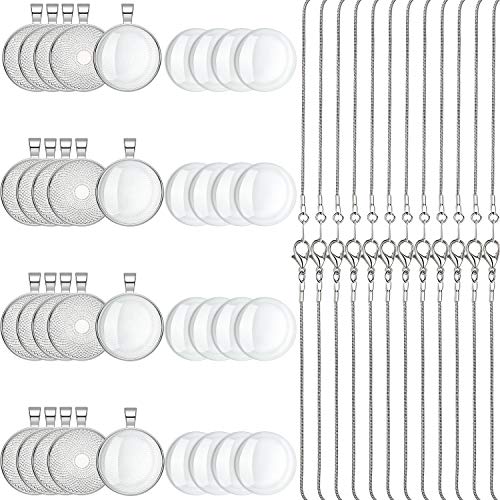 92 Pieces Pendant Trays Set 40 Pieces Transparent Glass Cabochons with 40 Pieces Round Pendant Trays, 12 Pieces Necklace Chain Silver Plated Necklace Chains for Photo Pendant Crafting