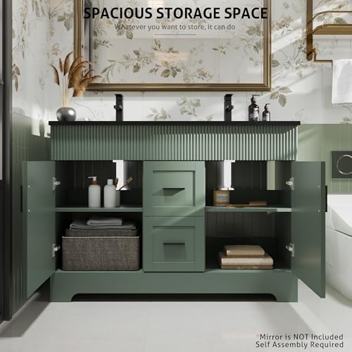 Image of eclife 48 inch Bathroom Vanities Sink Combo with Painted Surface, Modern Drawered Cabinet W /Decorative Wave Lines, Undermount Double Black Sink, Matte Black Faucet Drain, Gray Green