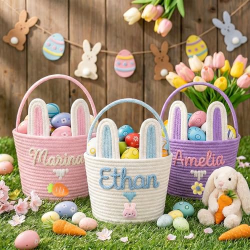 Custom Easter Basket with Name | Personalized Easter Baskets for Boys Girls Cotton Rope Weave Tote Toddler Egg Hunting Baskets & Candy Holder