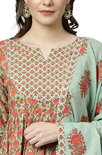 Image of Janasya Women's Light Green Cotton Kurta With Palazzo And Dupatta