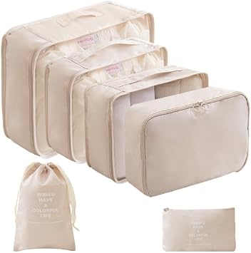LANSKLBD Packing Cubes for Suitcases 6/8 Set Travel Luggage Organiser Essential Travel Accessories Luggage Organizer with Shoe Toiletry and Laundry Bag Beige 6 Set