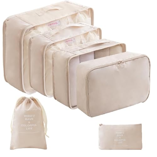 LANSKLBD 6 Set Packing Cubes for Travel, Luggage Organizers with Shoe & Toiletry Bags, Lightweight Suitcase Organizer for Carry-On, Washable Laundry Bags (Beige)