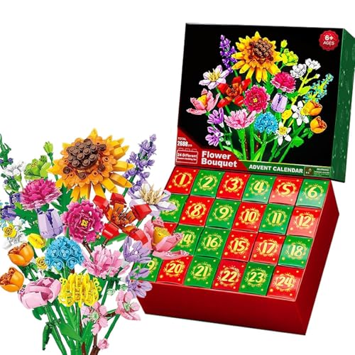 Advent Calendar 2024 for Kids Adults Teens 2025 24 Days Flower Bouquet Christmas Countdown Advent Calendar, Christmas Bouquet Blocks, Xmas Building Toys Gift Kit Home Decor for Boy Girl (Sunflower)